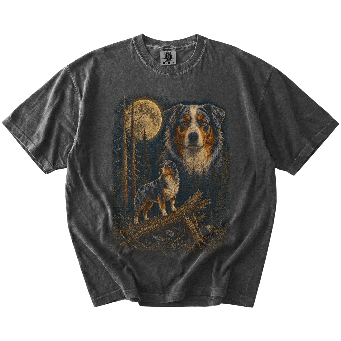 Australian Shepherd in a full-color moonlit forest on a Pepper t-shirt