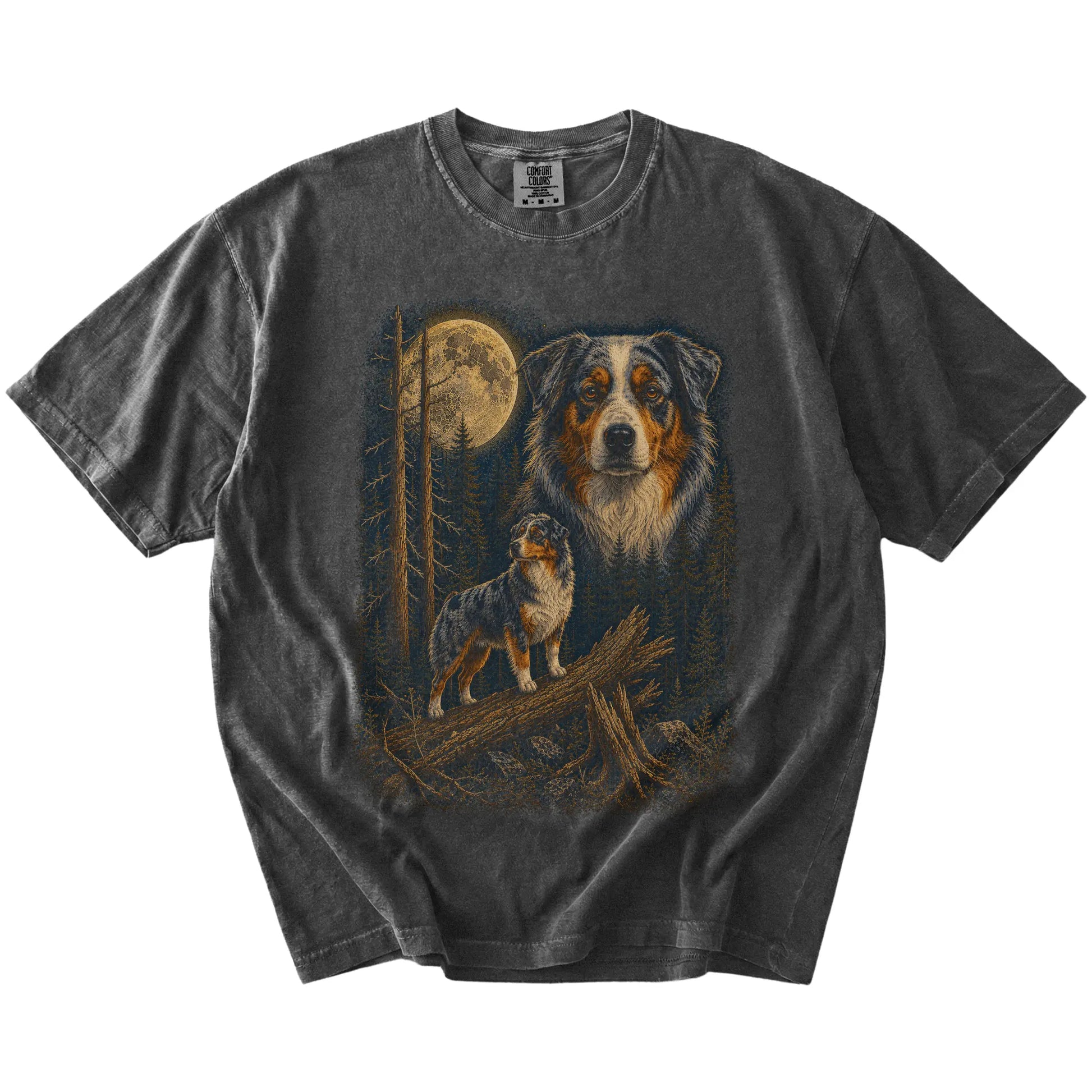 Australian Shepherd in a full-color moonlit forest on a Pepper t-shirt