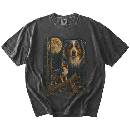 Australian Shepherd in a full-color moonlit forest on a Pepper t-shirt