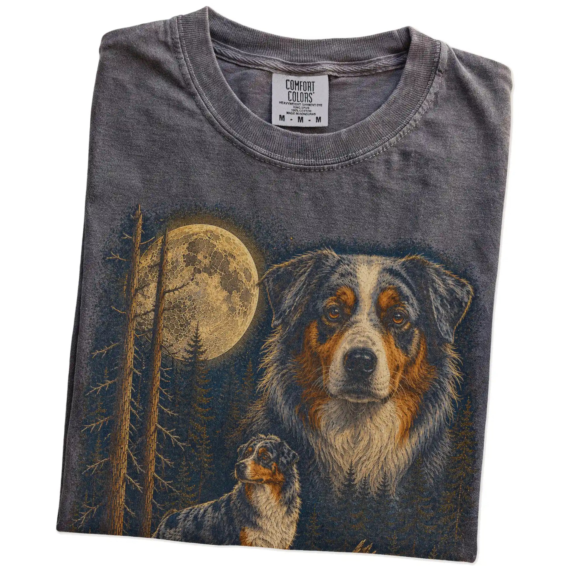 Folded Pepper Australian Shepherd full-color Moonlit Forest t-shirt