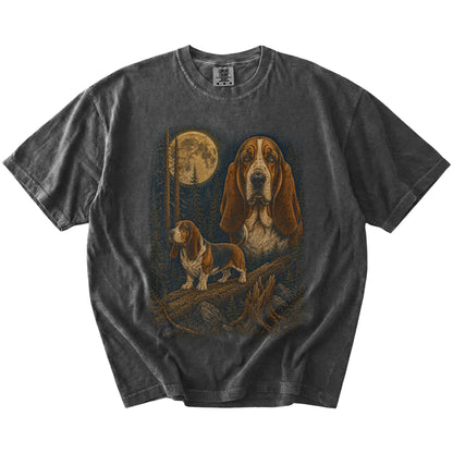 Basset Hound in a full-color moonlit forest on a Pepper t-shirt