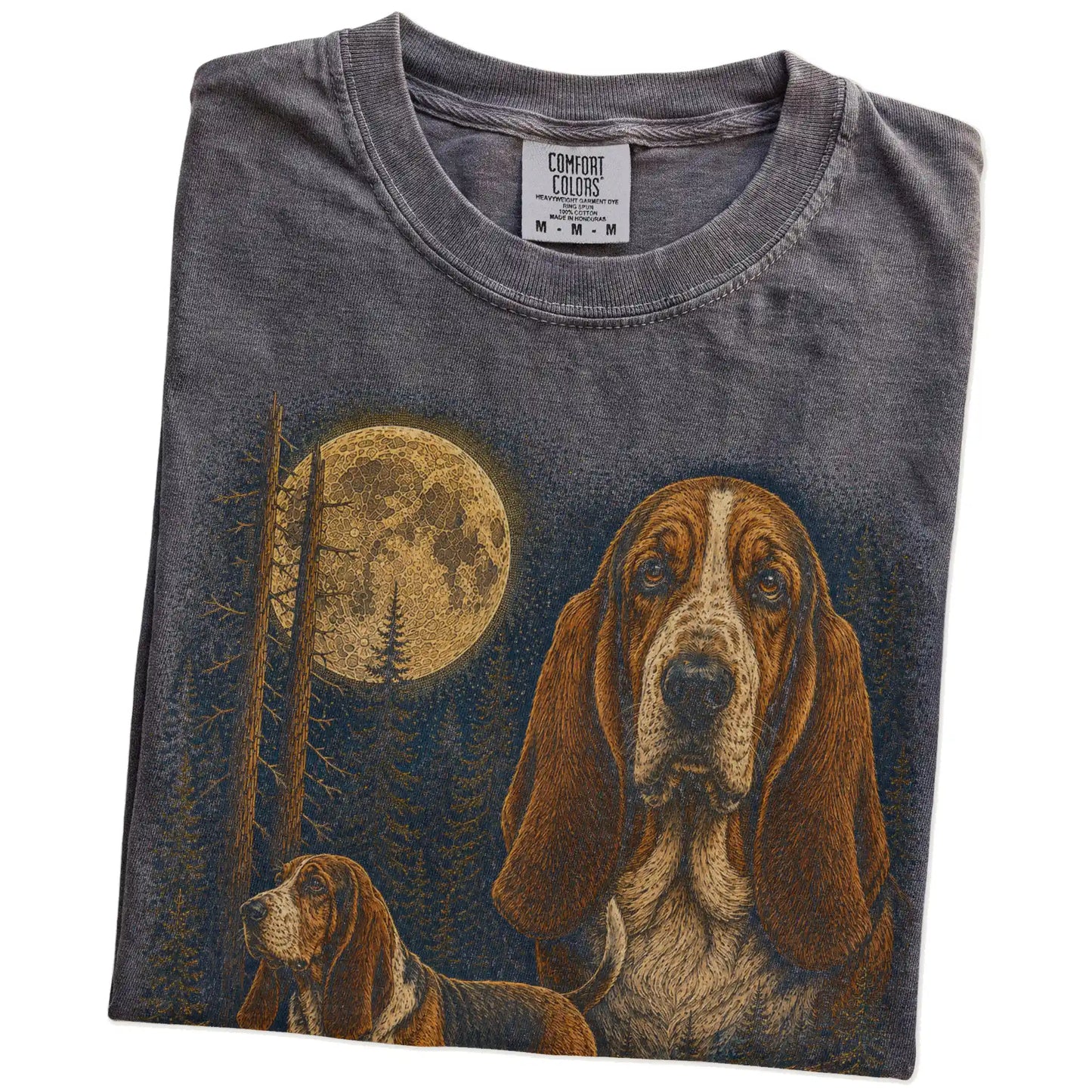 Folded Pepper Basset Hound full-color Moonlit Forest t-shirt