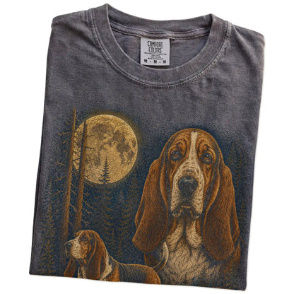 Folded Pepper Basset Hound full-color Moonlit Forest t-shirt