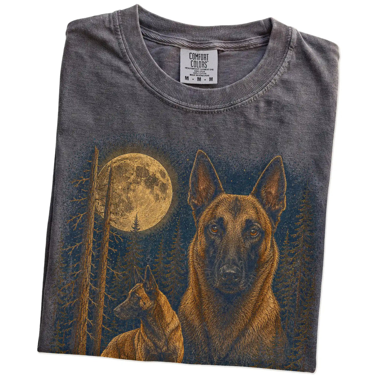 Folded Pepper Belgian Malinois full-color Moonlit Forest t-shirt