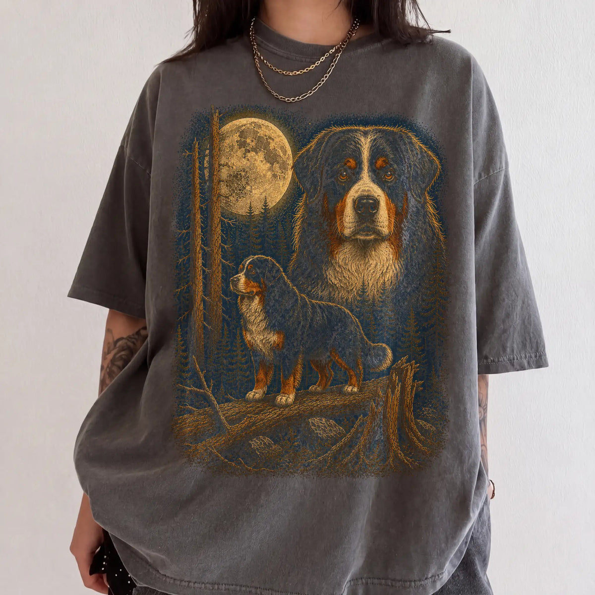 Person wearing a Pepper Bernese Mountain Dog full-color Moonlit Forest t-shirt