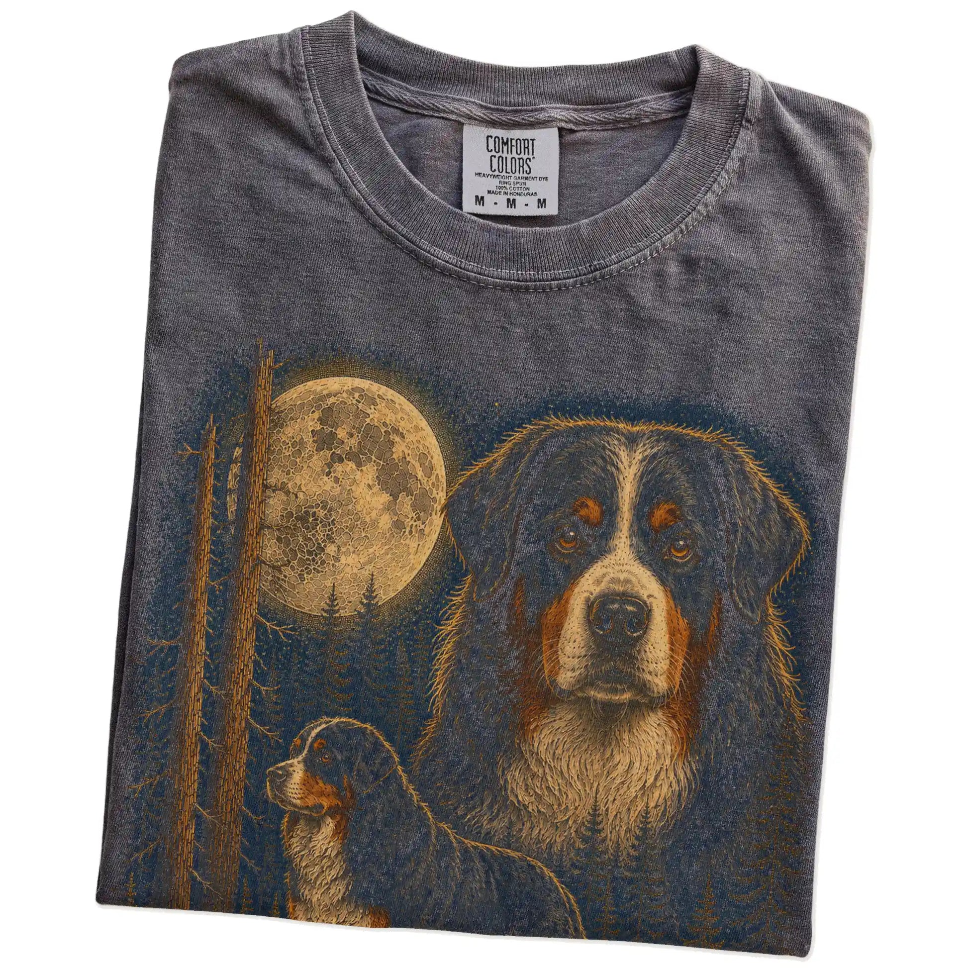 Folded Pepper Bernese Mountain Dog full-color Moonlit Forest t-shirt
