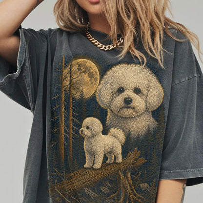 Person wearing a Pepper Bichon Frise full-color Moonlit Forest t-shirt