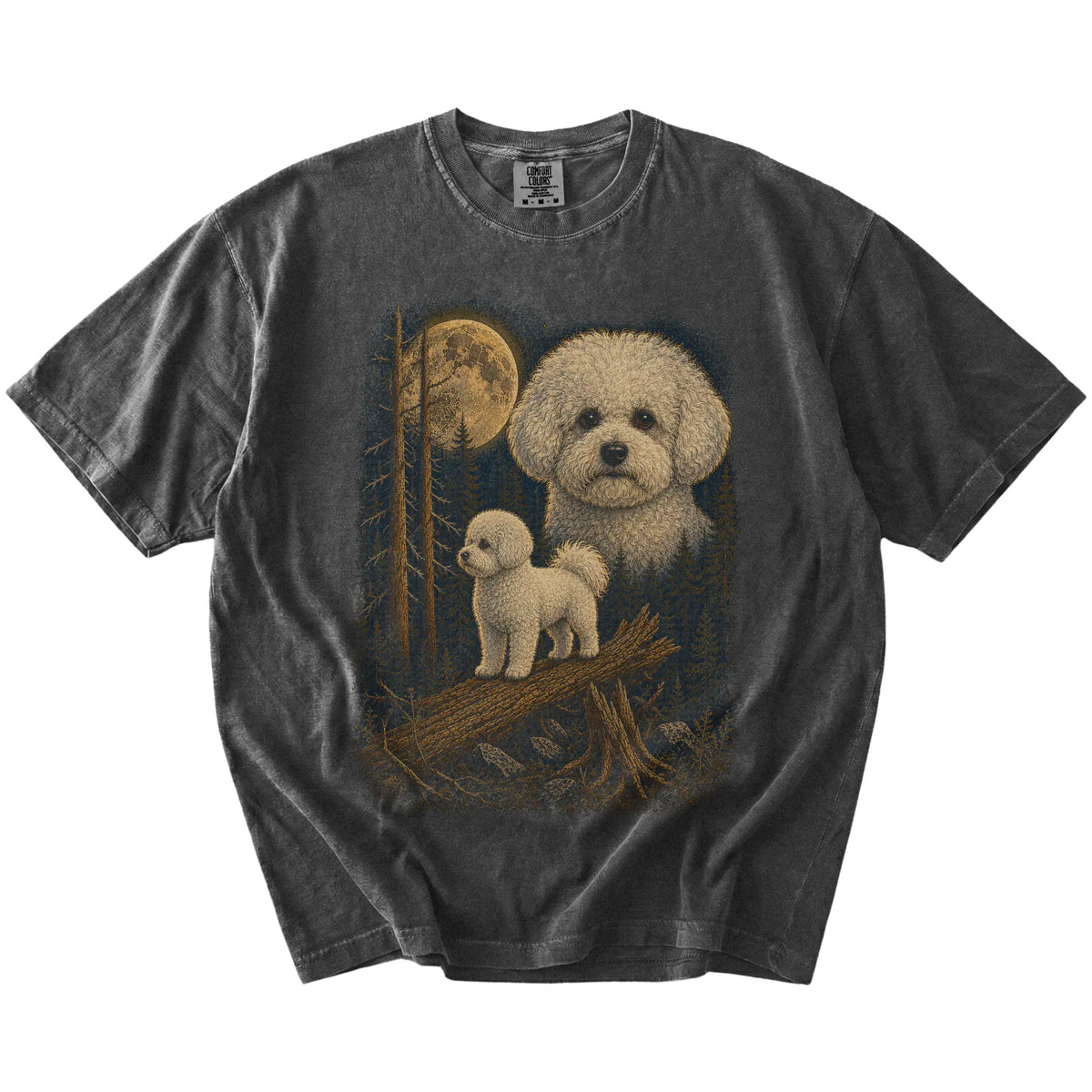 Bichon Frise in a full-color moonlit forest on a Pepper t-shirt