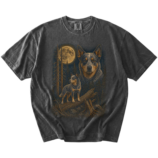 Blue Heeler in a full-color moonlit forest on a Pepper t-shirt