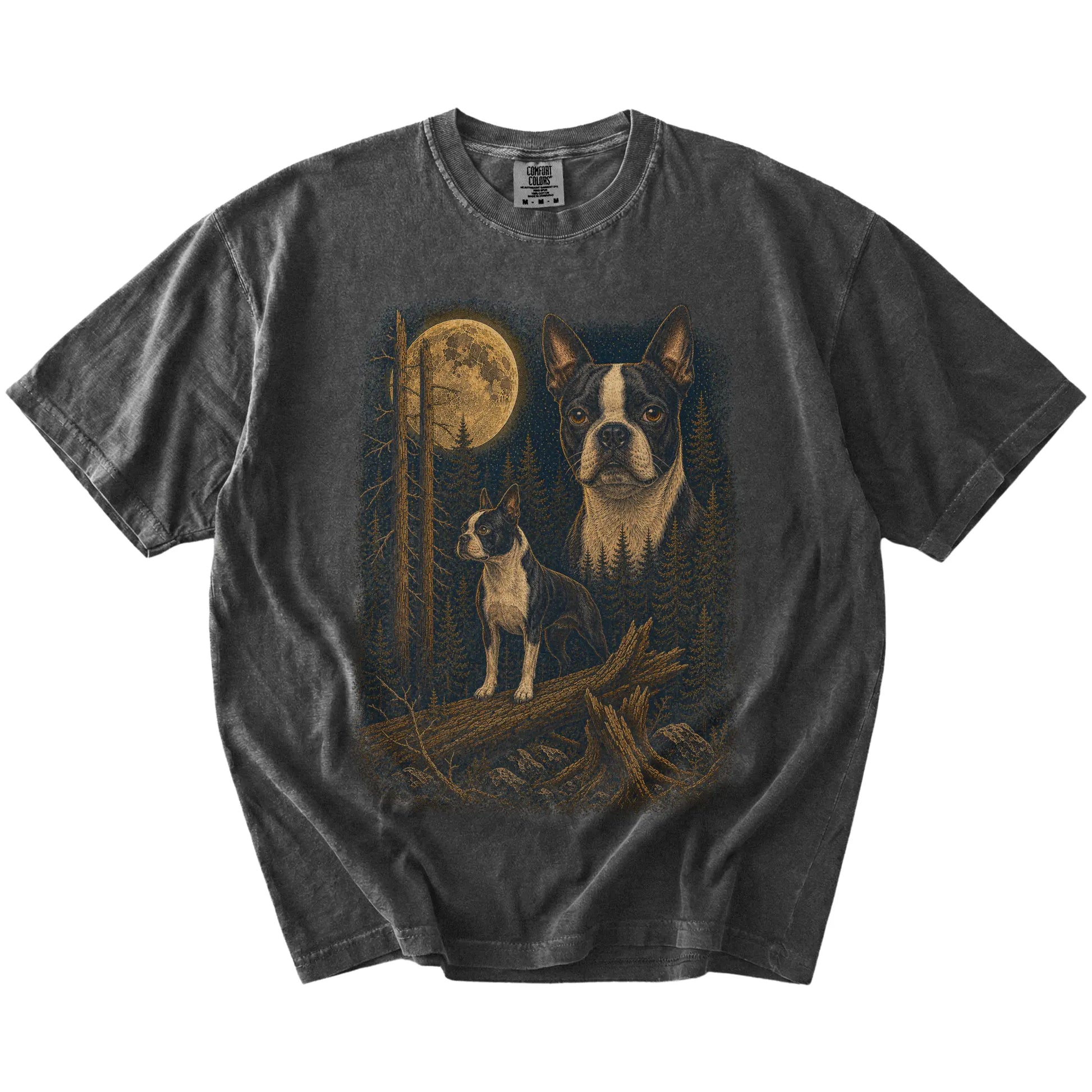 Boston Terrier in a full-color moonlit forest on a Pepper t-shirt