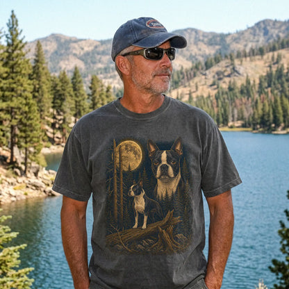 Person wearing a Pepper Boston Terrier full-color Moonlit Forest t-shirt