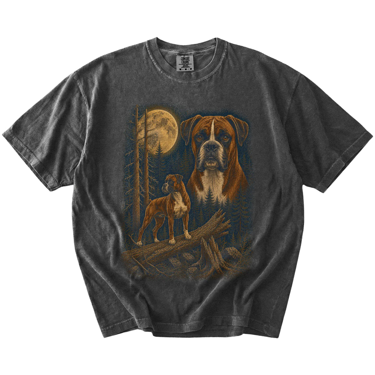 Boxer in a full-color moonlit forest on a Pepper t-shirt
