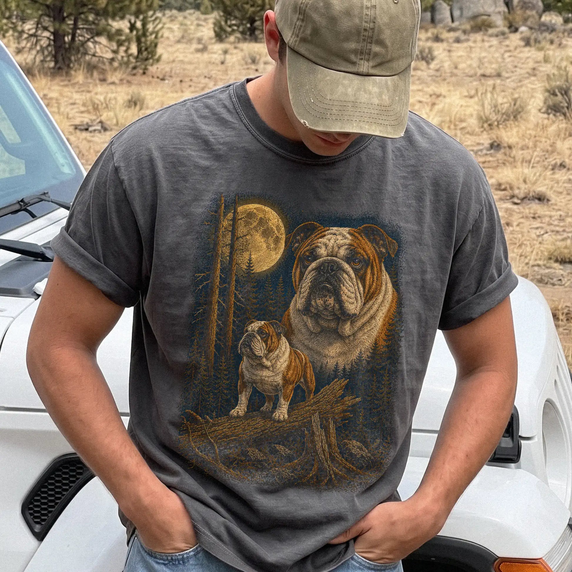 Person wearing a Pepper Bulldog full-color Moonlit Forest t-shirt