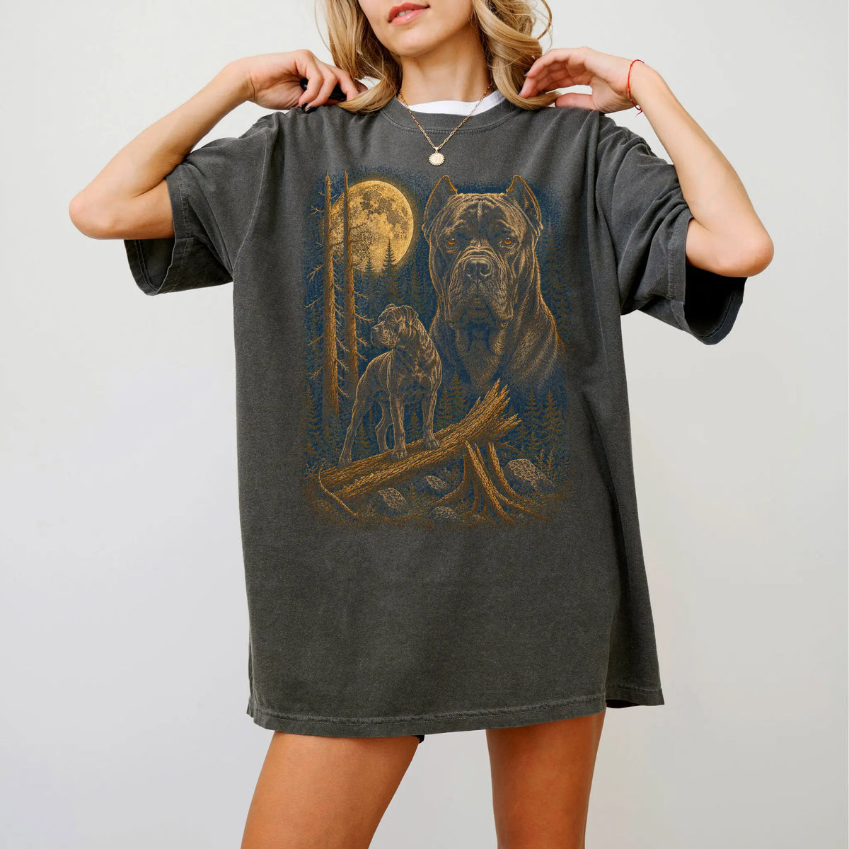 Person wearing a Pepper Cane Corso full-color Moonlit Forest t-shirt