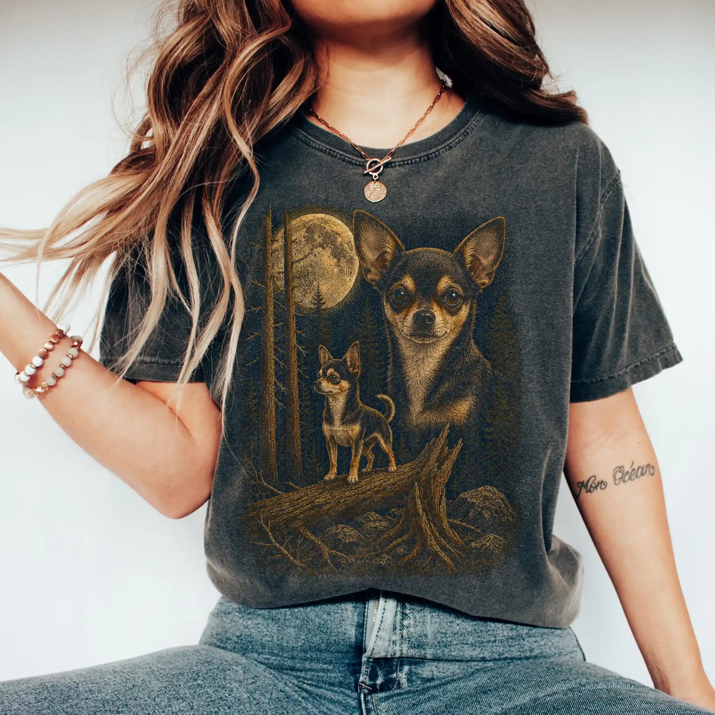 Person wearing a Pepper Chihuahua full-color Moonlit Forest t-shirt