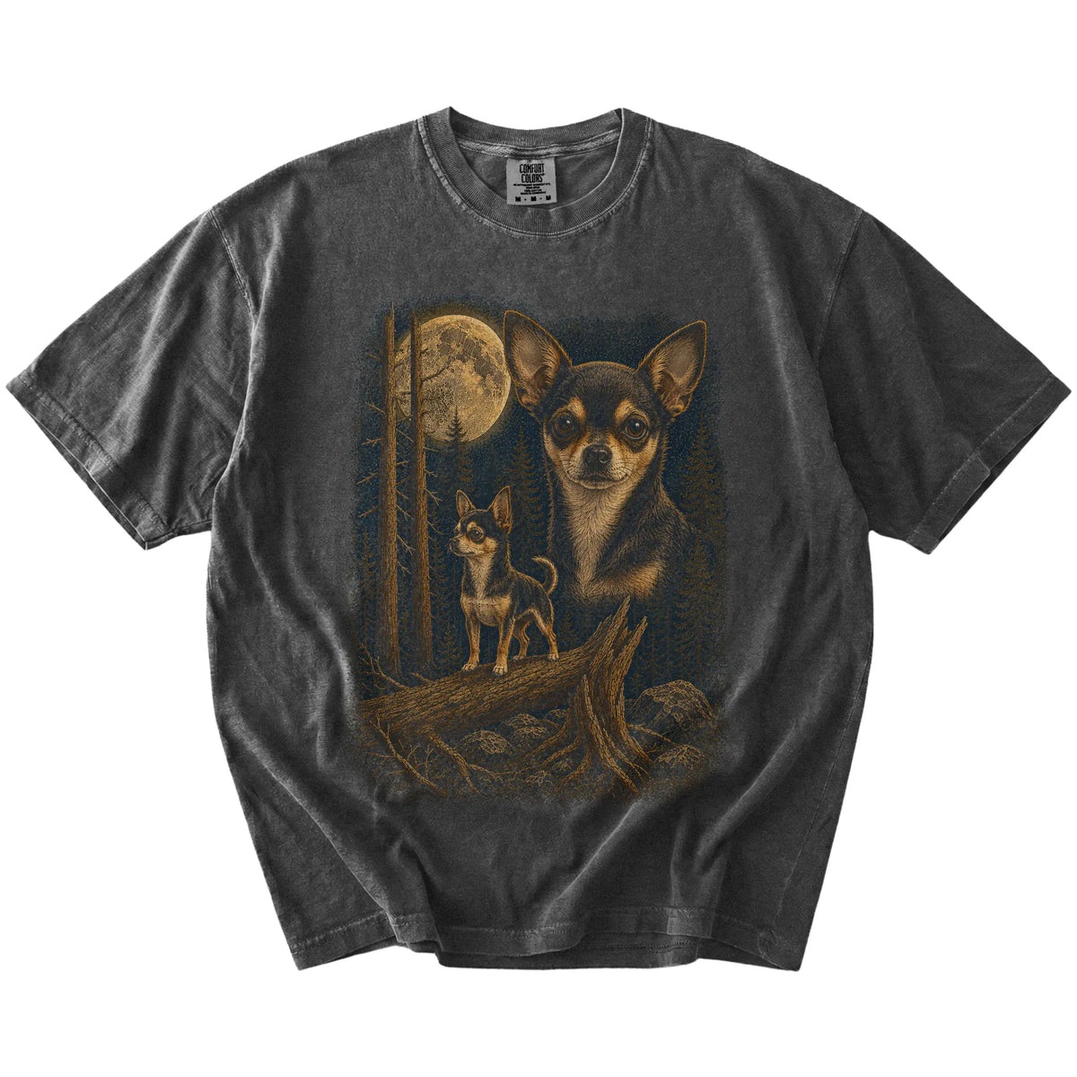 Chihuahua in a full-color moonlit forest on a Pepper t-shirt