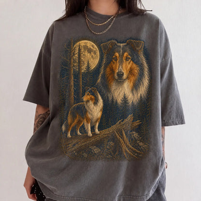 Person wearing a Pepper Collie full-color Moonlit Forest t-shirt