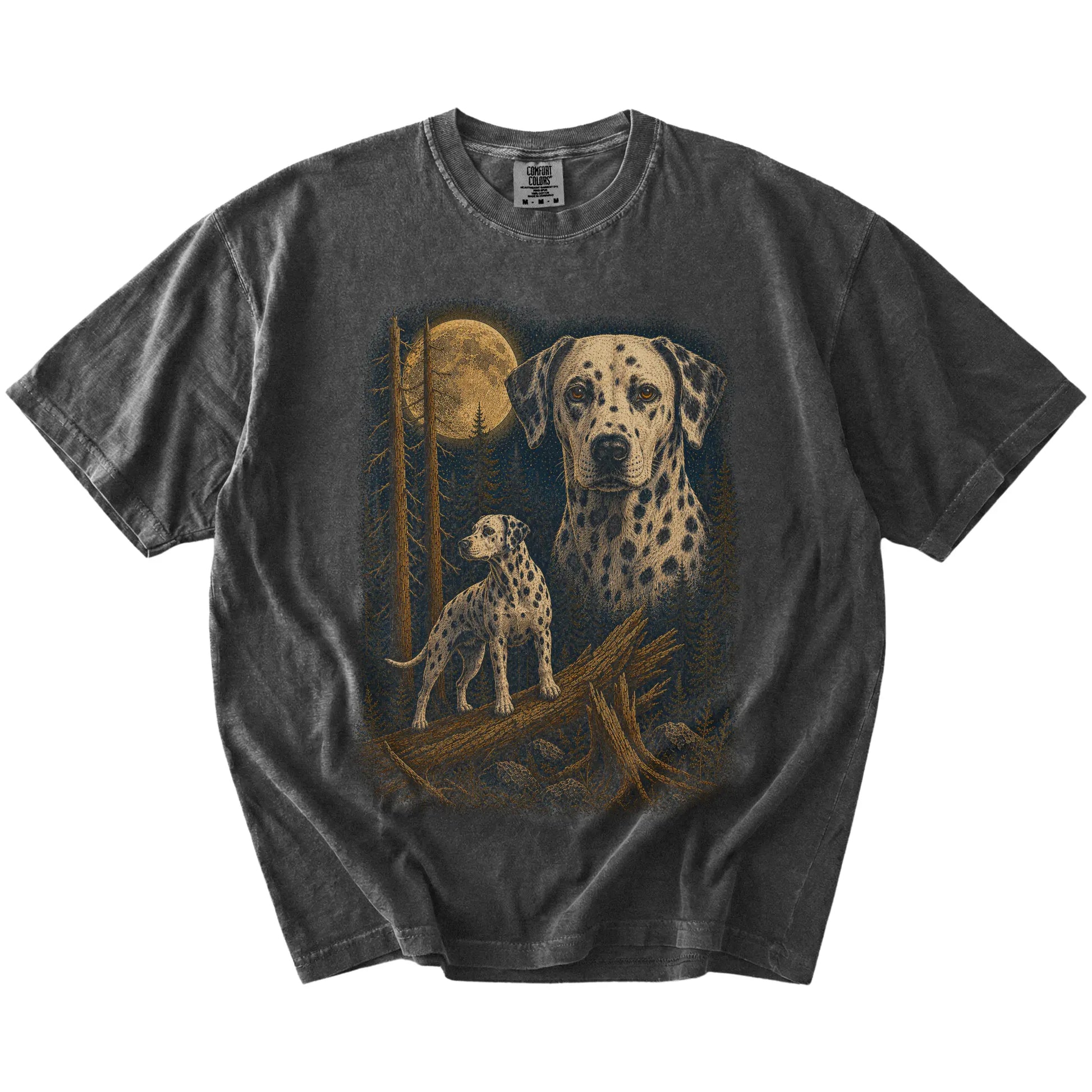 Dalmatian in a full-color moonlit forest on a Pepper t-shirt