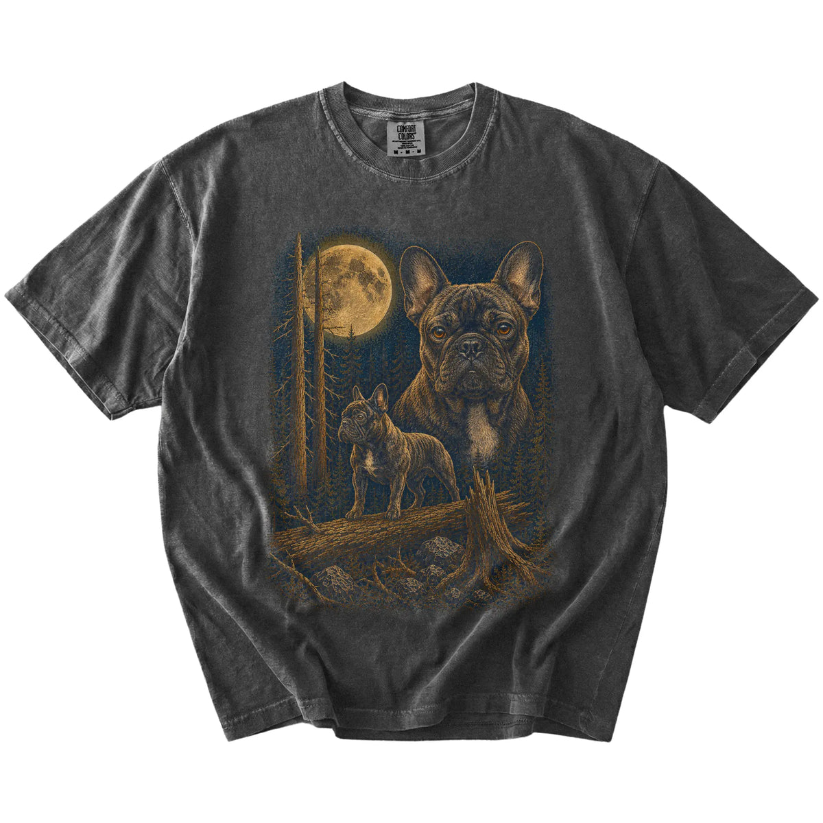 French Bulldog in a full-color moonlit forest on a Pepper t-shirt