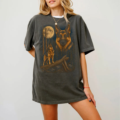 Person wearing a Pepper German Shepherd full-color Moonlit Forest t-shirt