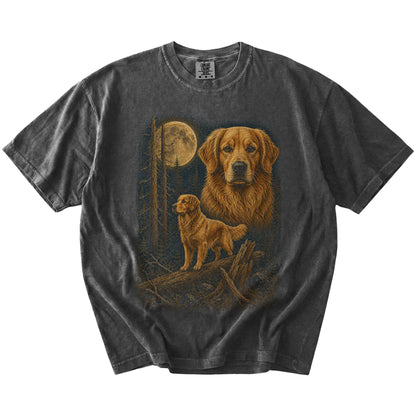 Golden Retriever in a full-color moonlit forest on a Pepper t-shirt