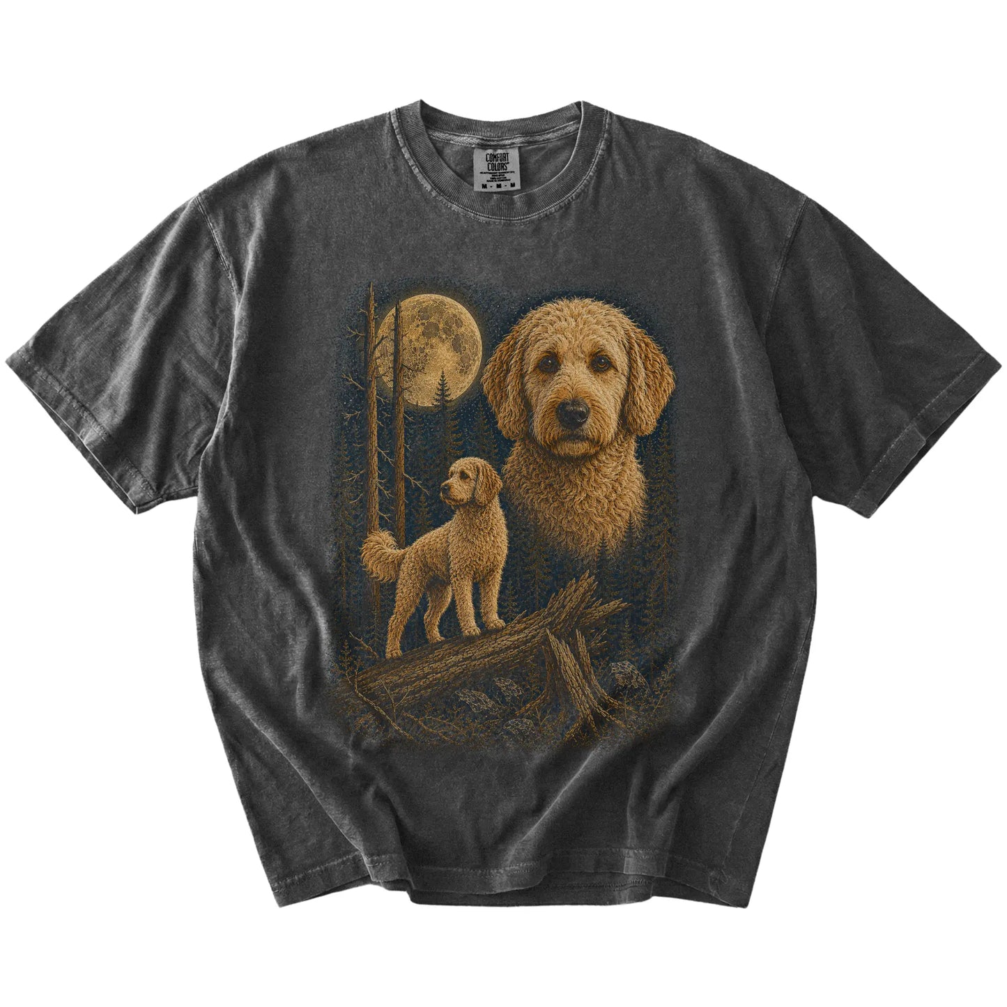 Goldendoodle in a full-color moonlit forest on a Pepper t-shirt