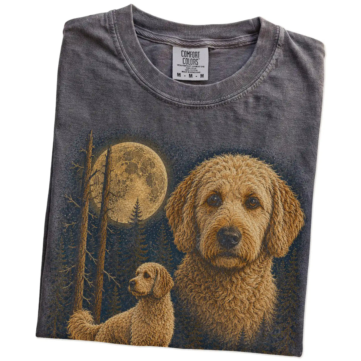 Folded Pepper Goldendoodle full-color Moonlit Forest t-shirt