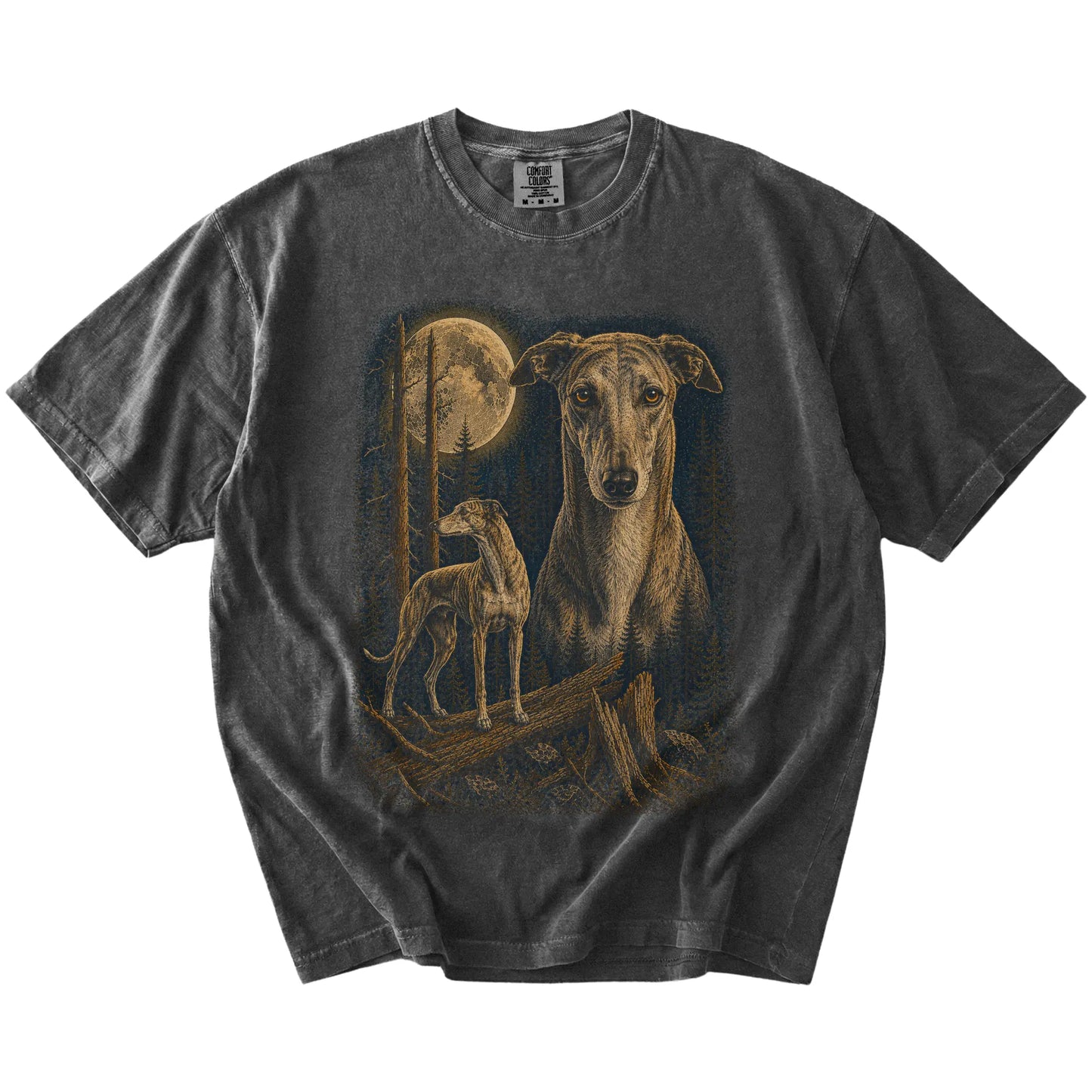 Greyhound in a full-color moonlit forest on a Pepper t-shirt