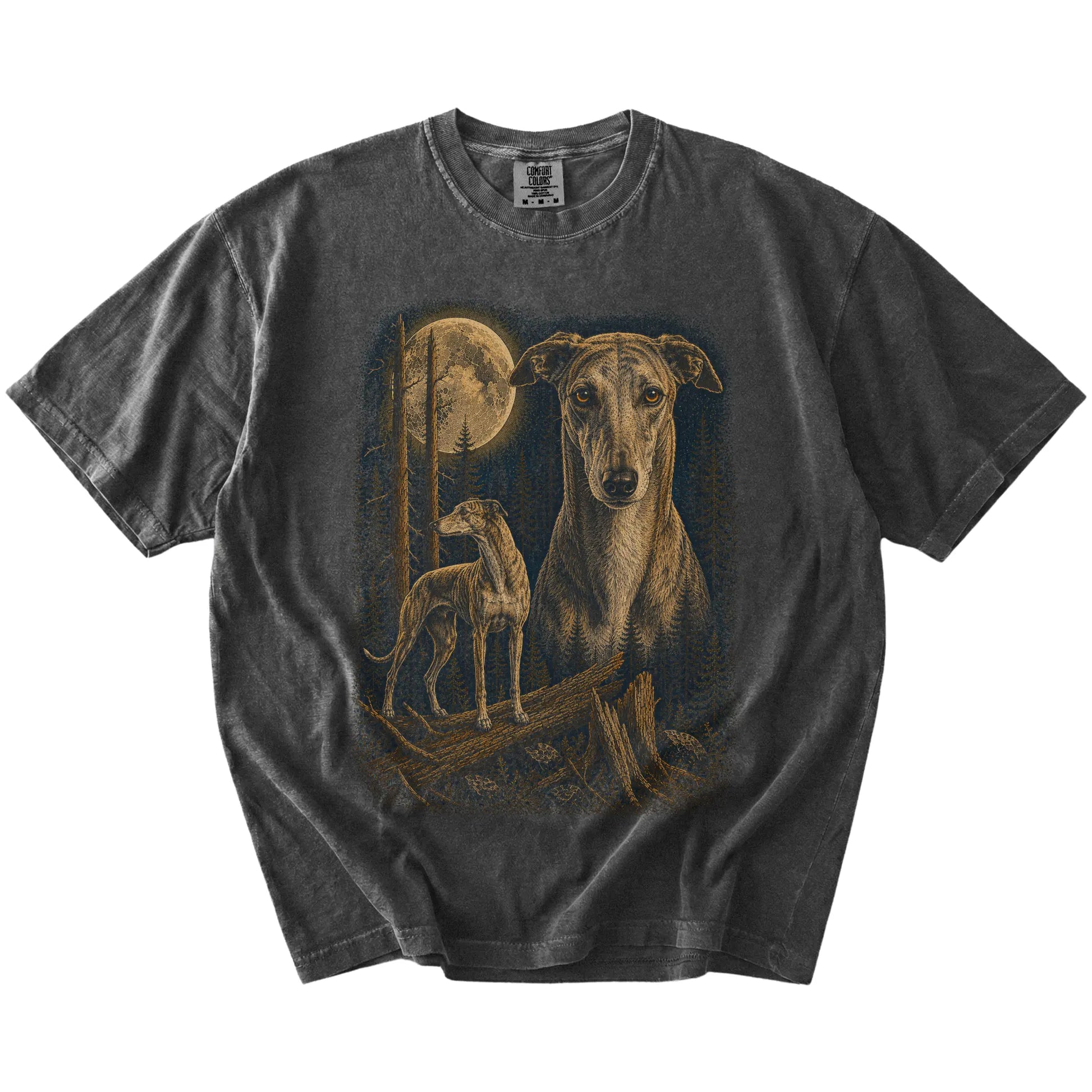 Greyhound in a full-color moonlit forest on a Pepper t-shirt