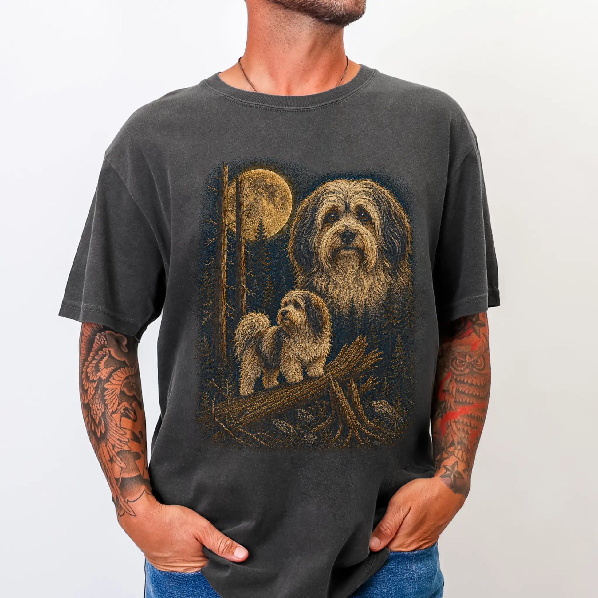 Person wearing a Pepper Havanese full-color Moonlit Forest t-shirt