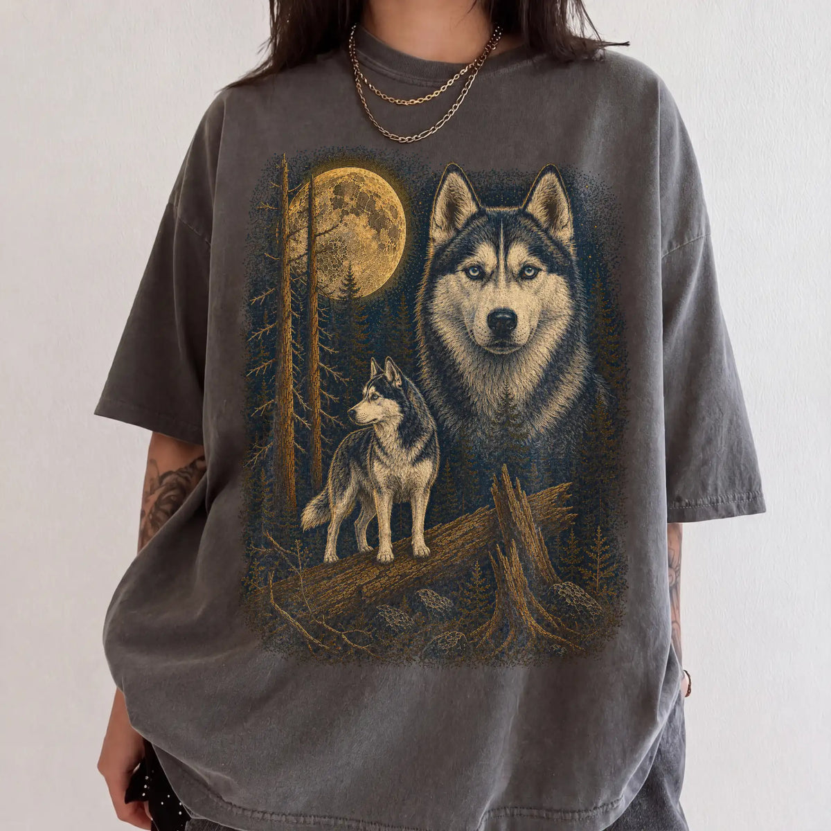 Person wearing a Pepper Husky full-color Moonlit Forest t-shirt