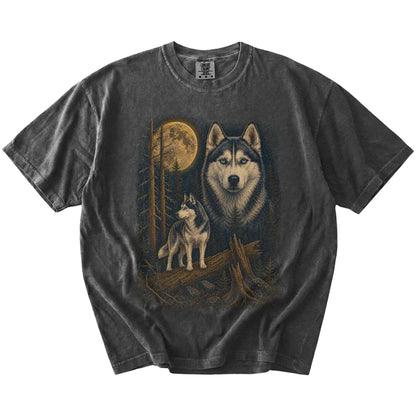Husky in a full-color moonlit forest on a Pepper t-shirt