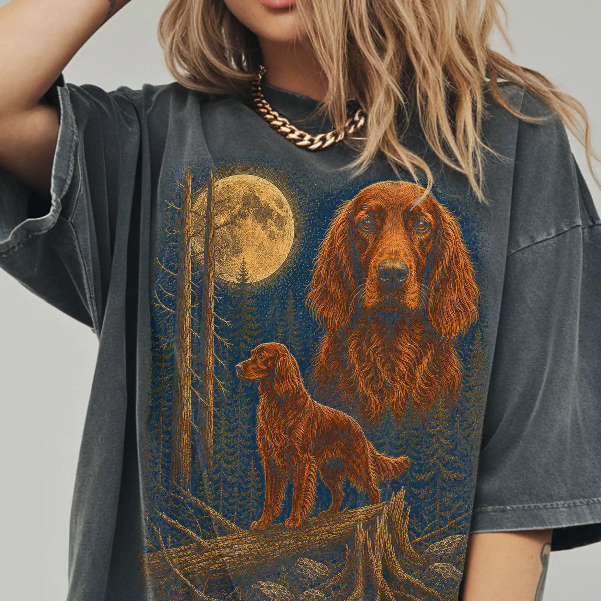 Person wearing a Pepper Irish Setter full-color Moonlit Forest t-shirt