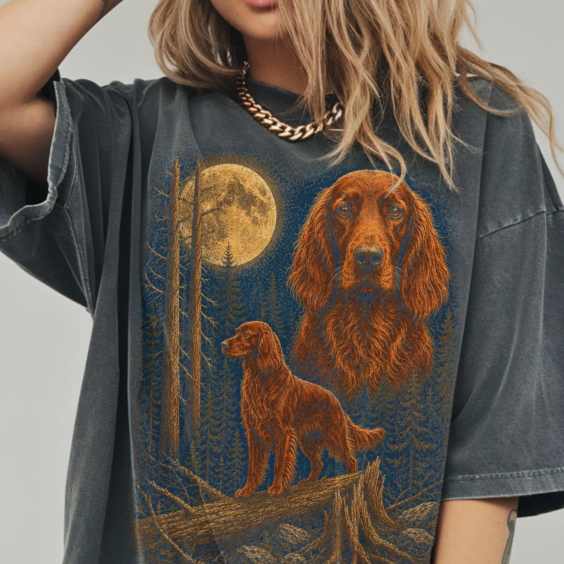 Person wearing a Pepper Irish Setter full-color Moonlit Forest t-shirt