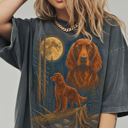 Person wearing a Pepper Irish Setter full-color Moonlit Forest t-shirt