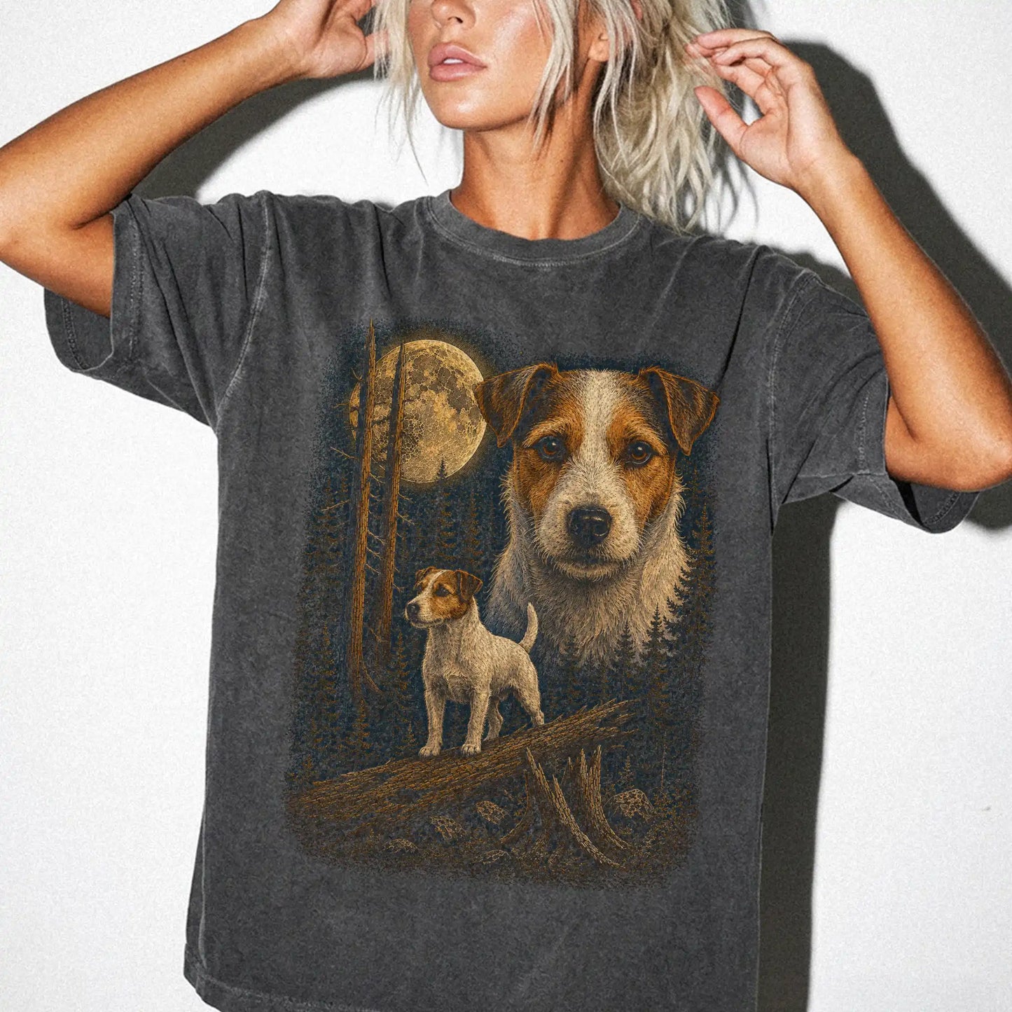 Person wearing a Pepper Jack Russell full-color Moonlit Forest t-shirt