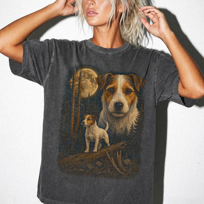Person wearing a Pepper Jack Russell full-color Moonlit Forest t-shirt
