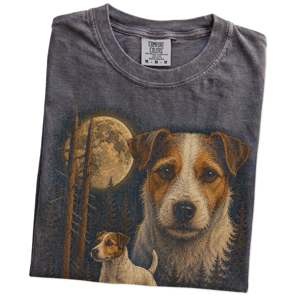 Folded Pepper Jack Russell full-color Moonlit Forest t-shirt