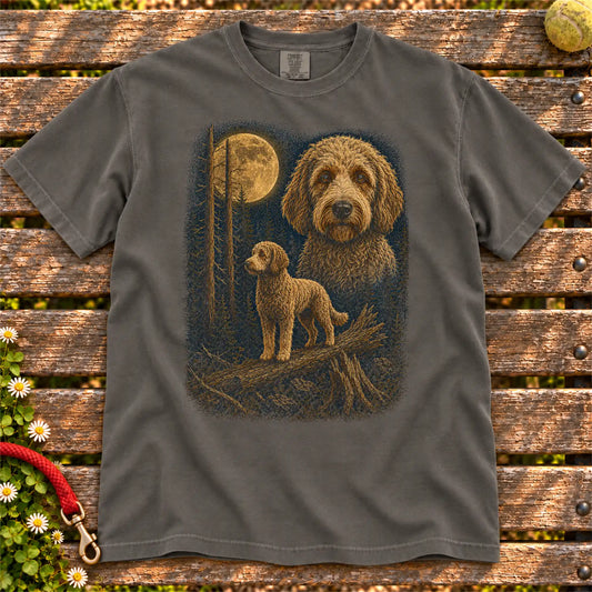 Labradoodle Wildwood Moon design on a Pepper T-shirt shown flat