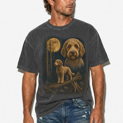 Person wearing a Pepper Labradoodle full-color Moonlit Forest t-shirt