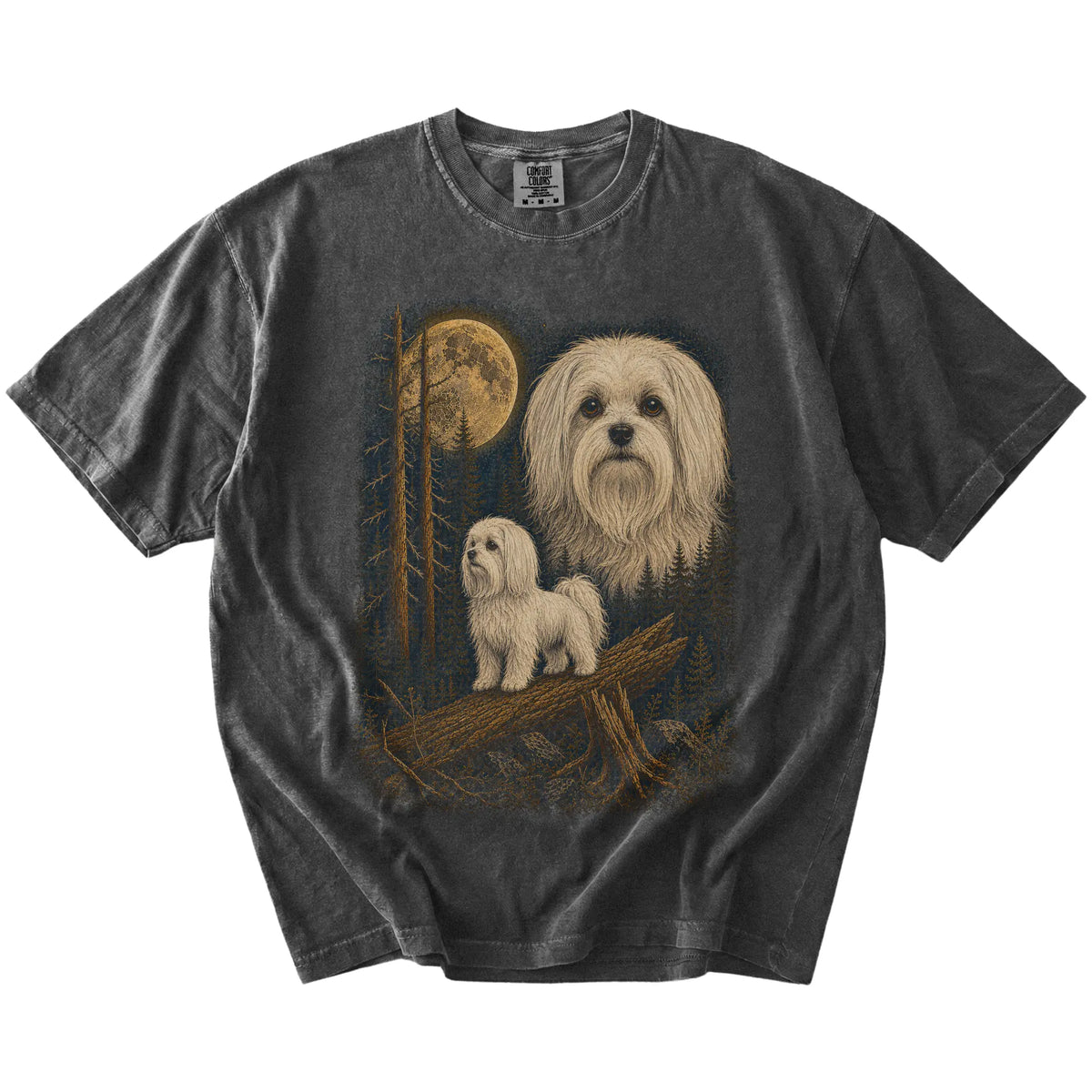 Maltese in a full-color moonlit forest on a Pepper t-shirt
