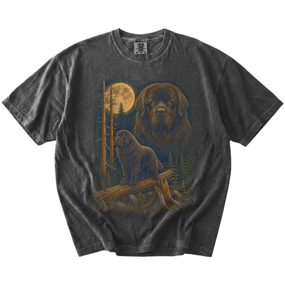 Newfie in a full-color moonlit forest on a Pepper t-shirt