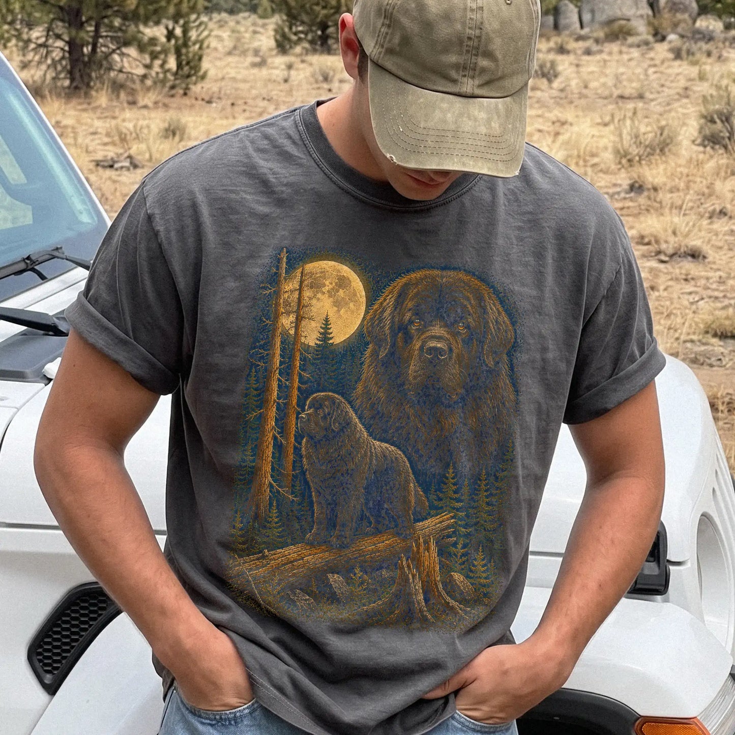 Person wearing a Pepper Newfie full-color Moonlit Forest t-shirt