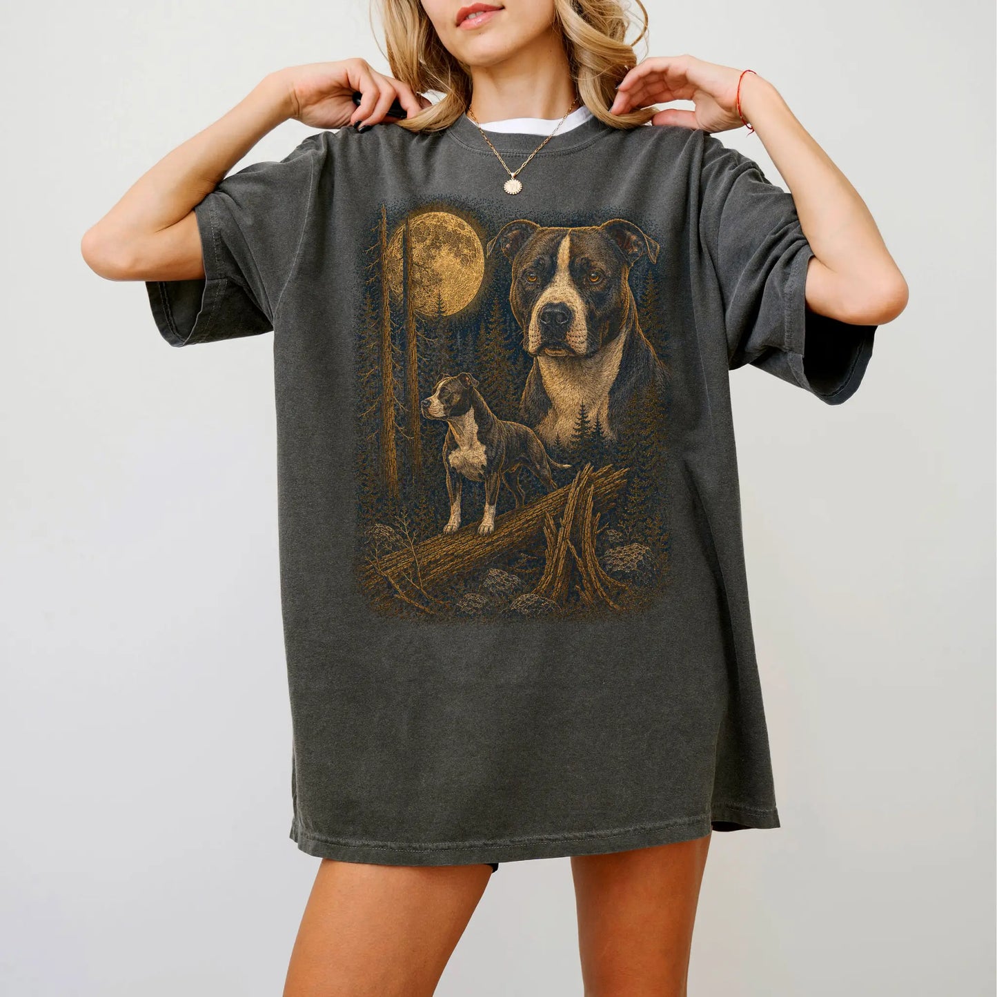 Person wearing a Pepper Pitbull full-color Moonlit Forest t-shirt