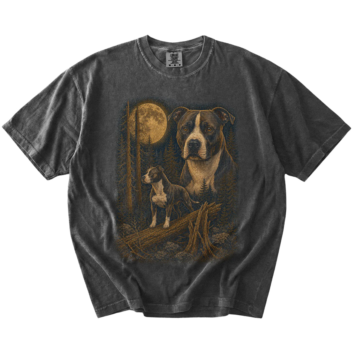 Pitbull in a full-color moonlit forest on a Pepper t-shirt