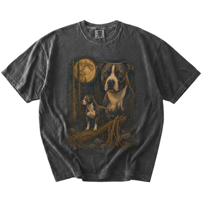 Pitbull in a full-color moonlit forest on a Pepper t-shirt