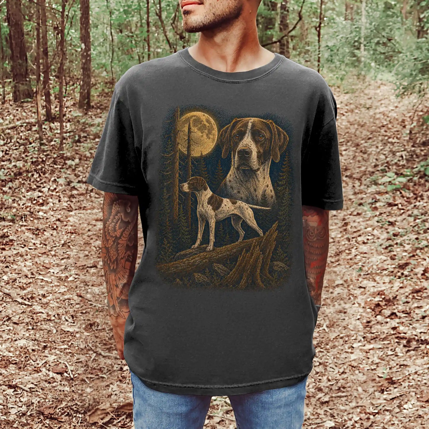 Person wearing a Pepper Pointer full-color Moonlit Forest t-shirt