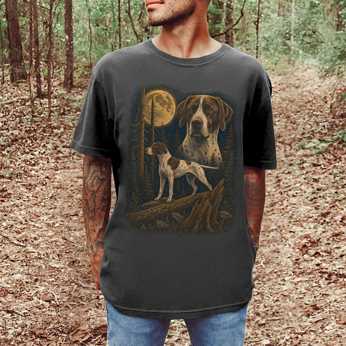 Person wearing a Pepper Pointer full-color Moonlit Forest t-shirt