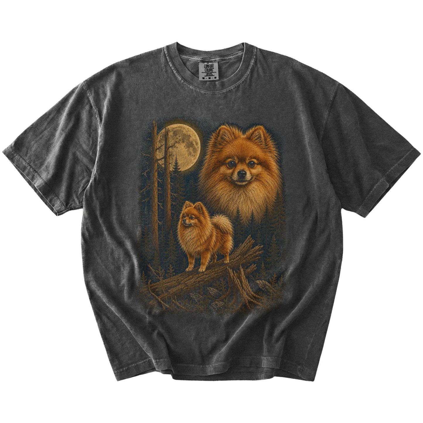 Pomeranian in a full-color moonlit forest on a Pepper t-shirt