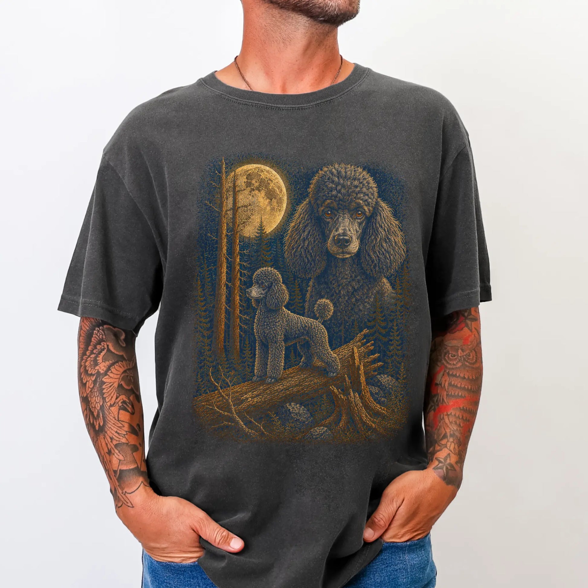Person wearing a Pepper Poodle full-color Moonlit Forest t-shirt